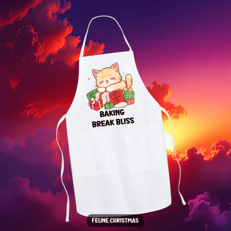Funny cat apron: a content kitten naps on Christmas presents, bringing cozy holiday vibes to the kitchen.