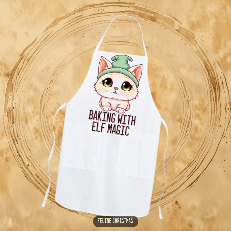 Funny Kawaii Ragdoll Elf Cat Apron: A cute cat in an elf hat looking up innocently, ready for festive cooking fun.