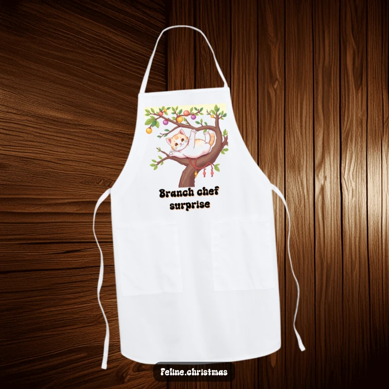 Funny cat stretching playfully on a holiday-decorated tree branch, printed on a comfortable and charming kitchen apron.