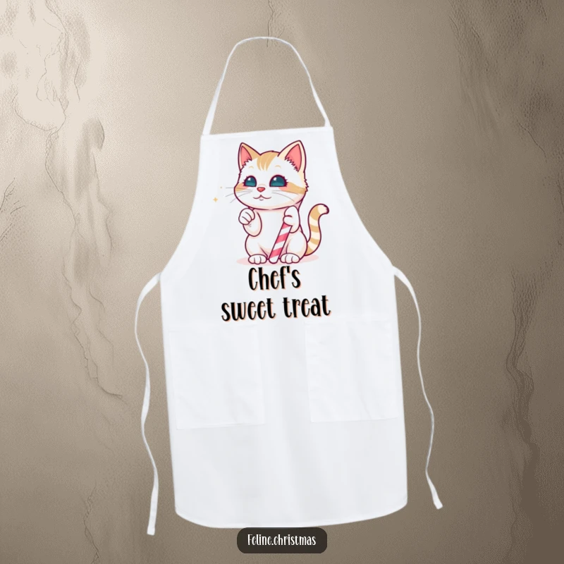 Funny Apron: Kawaii cat playfully batting at a magical, edible candy cane, adding festive cheer to kitchen activities.