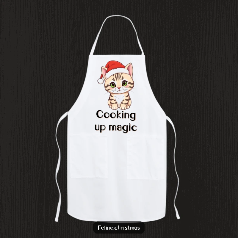 Funny tabby cat apron featuring a curious cat in a Santa hat, ideal for holiday baking and kitchen fun.