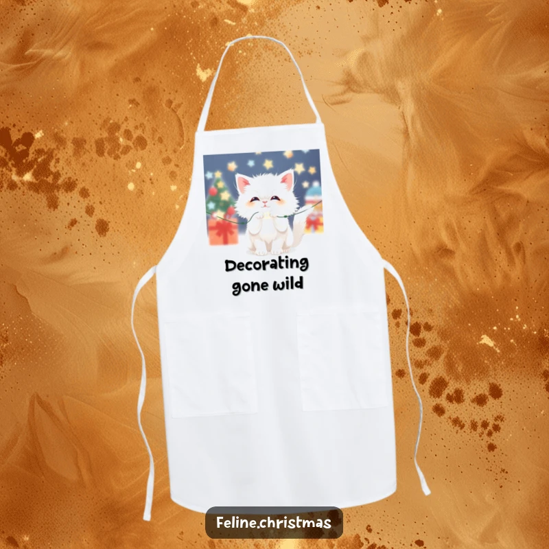 Funny Kawaii Fluffy White Cat Apron: A cute cat batting at sparkling Christmas lights, ready for festive cooking fun.