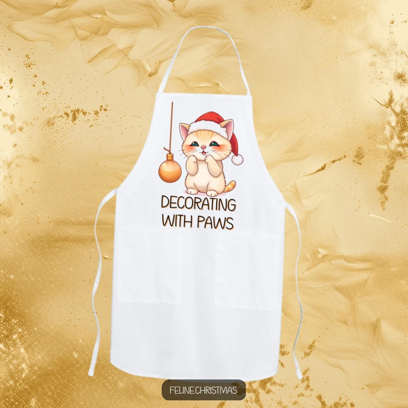 Funny apron featuring a cute cat in a Santa hat, playfully batting at a dangling Christmas ornament, perfect for holiday baking.