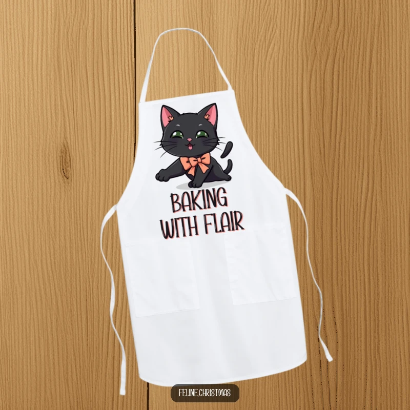 Funny black cat apron featuring a cat in a festive bow performing a humorous, playful stretch while cooking.