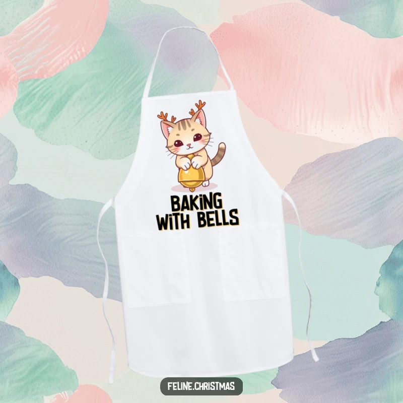 Funny Cat Antlers Apron showing a playful cat with antlers pouncing on a jingle bell, a humorous kitchen item.