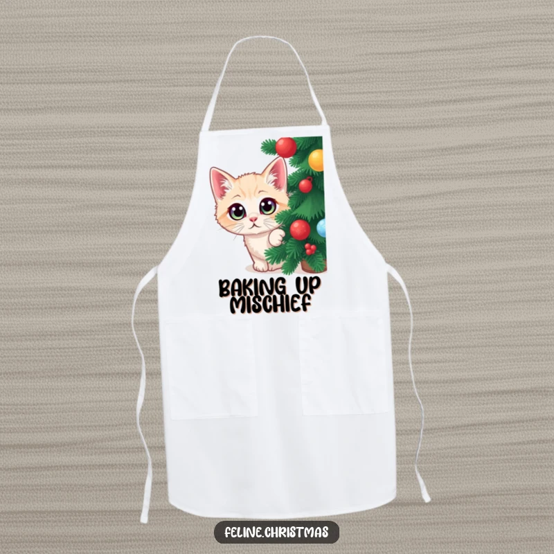 Funny Christmas apron with a wide-eyed cat peeking from a festive tree, ideal for kitchen fun and holiday cooking.