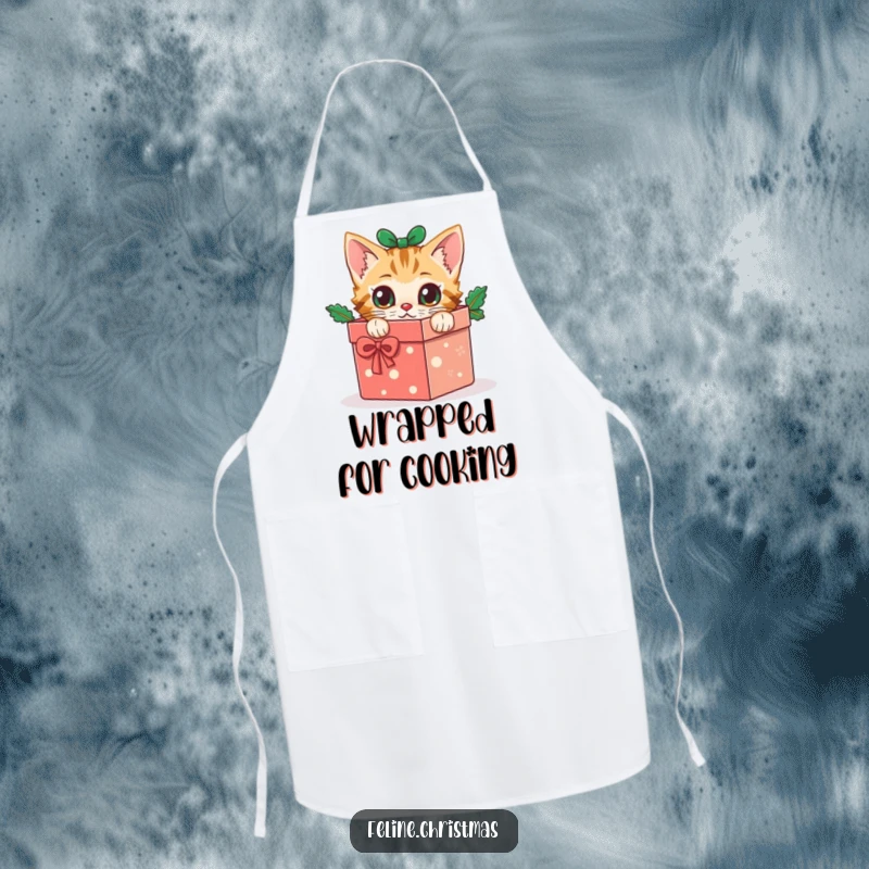 Funny cat apron: a curious kitten peeks from a festive Christmas gift box, ready to help with holiday baking.
