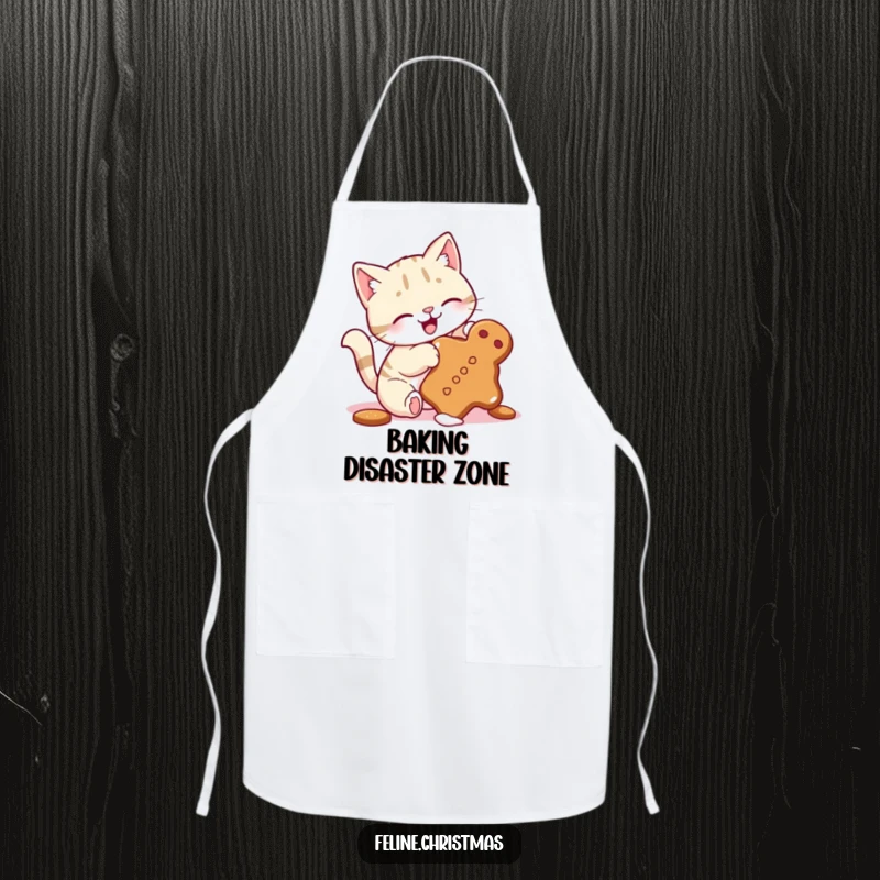 Funny apron with a cute cat, wagging tail, playfully batting at a tumbling gingerbread cookie, perfect for holiday baking.