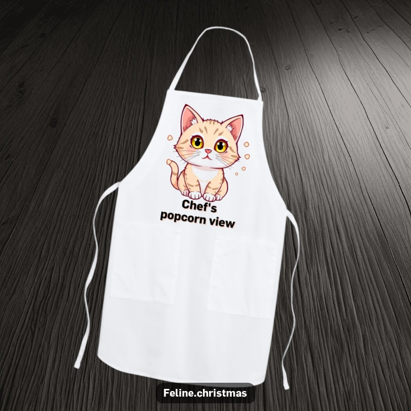 Funny Cat Apron: A cat with bright eyes watches popcorn bounce, embodying fascination and the joy of movie snacks.