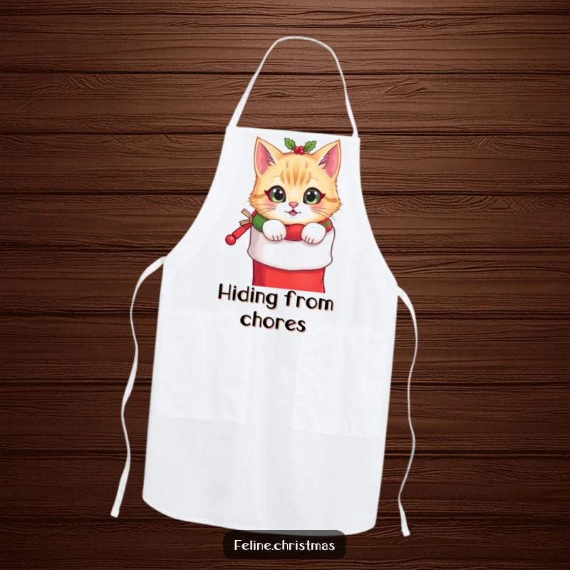Funny Christmas apron with a cat wearing a festive collar peeking from a stocking, perfect for holiday baking and kitchen fun.