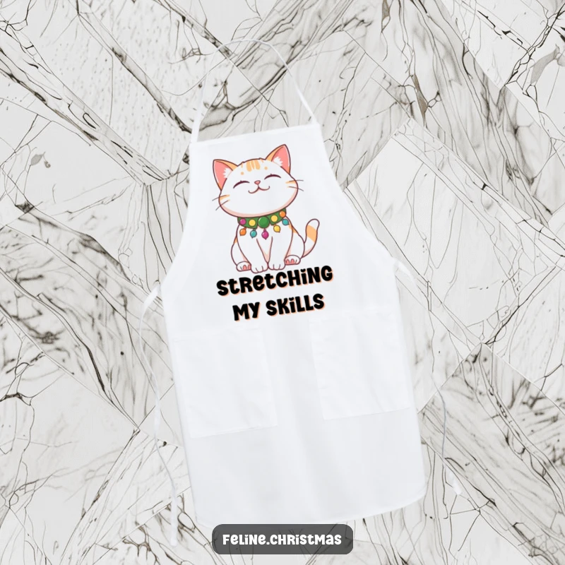 Funny Cat Stretch Apron showing a content cat with a festive collar stretching, a humorous kitchen accessory.