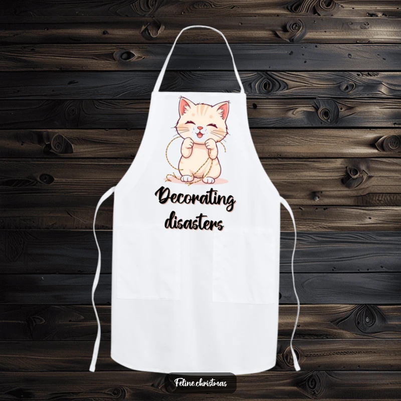Funny Christmas apron with a happy cat playfully tangled in shimmering tinsel, perfect for kitchen festivities.