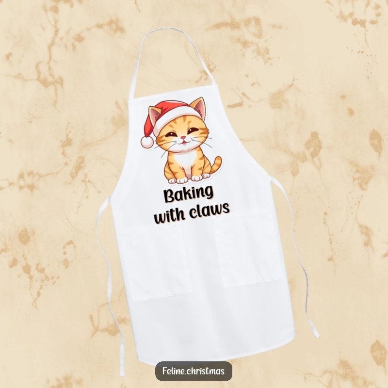 Funny Christmas apron with a cat in a Santa hat, batting playfully, perfect for holiday baking and kitchen fun.