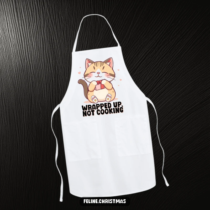 Funny apron featuring a contented cat rubbing against a festive present, perfect for a humorous kitchen or gift.