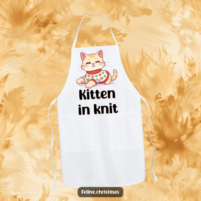 Funny apron with a cute cat in a festive sweater, stretching leisurely, adding holiday charm to cooking.