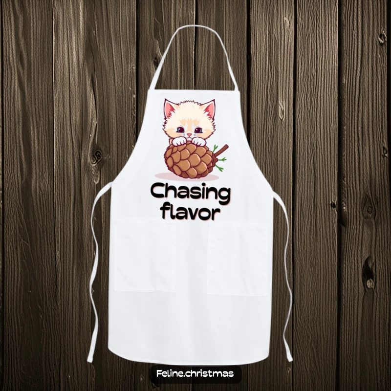 Funny fluffy kitten pouncing on a rolling pinecone, a humorous apron for kitchen adventures.