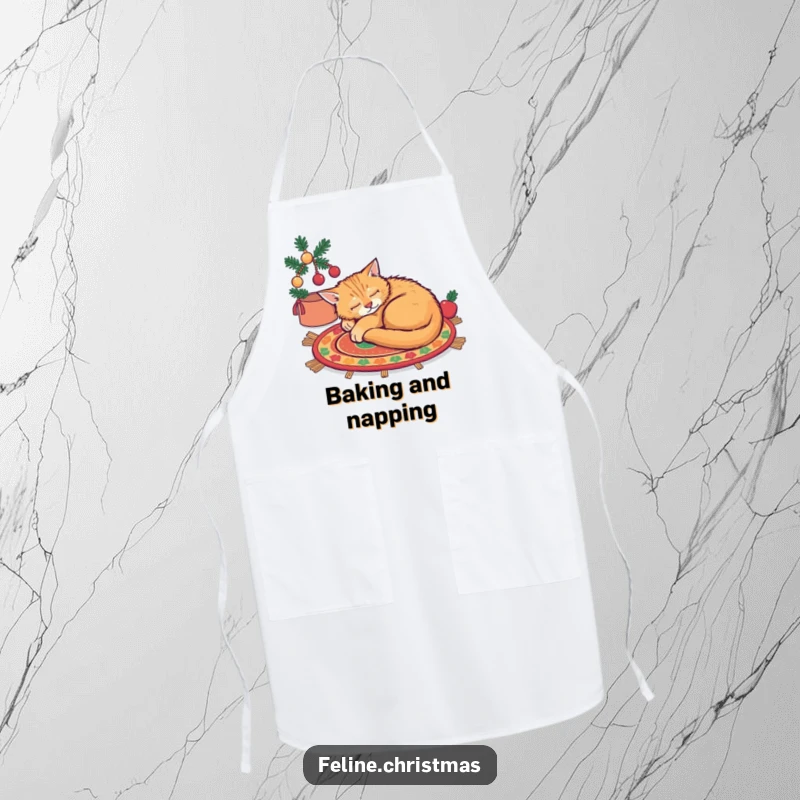 Funny ginger cat asleep on a festive rug, a humorous apron for a relaxed cook.