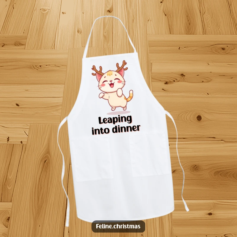 Funny apron with a happy cat character, festive antlers, doing a joyful pounce, perfect for holiday cooking.