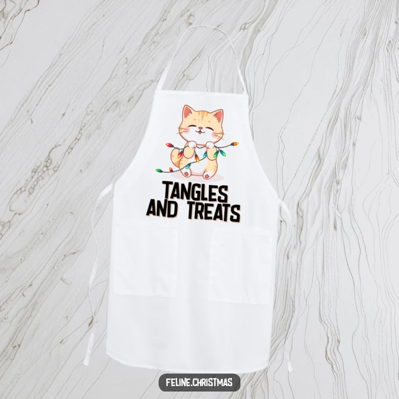 Funny Apron: Kawaii cat playfully wrestling with tangled, festive Christmas lights while cooking or crafting, adding kitchen humor.