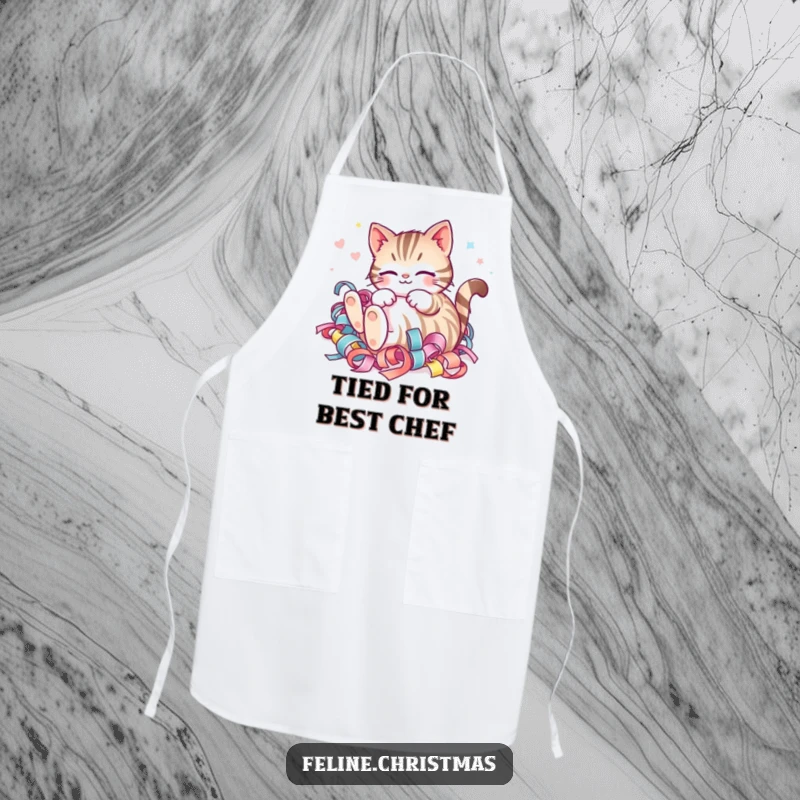 Funny Kawaii Striped Cat Ribbon Apron: A happy cat joyfully rolling in festive ribbon, ready for festive cooking fun.