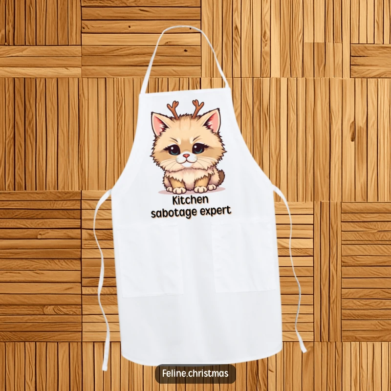 Funny cooking apron showing a fluffy cat wearing tiny reindeer antlers and a mischievous expression, great for holiday fun.