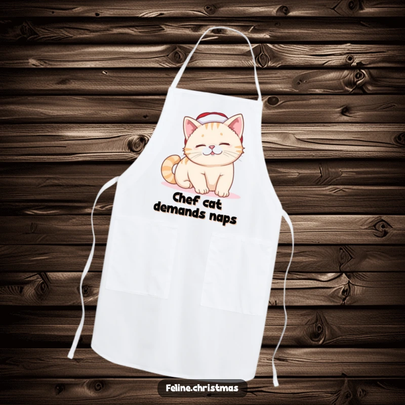 Funny Cat Apron: A cat in a Santa hat stretches lazily with a contented smile, perfect for holiday kitchen cheer.