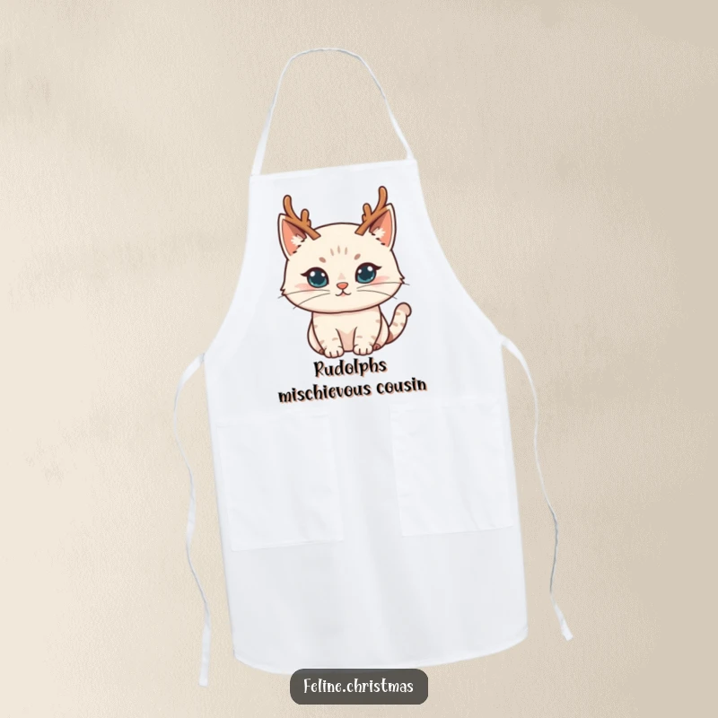 Funny cat character wearing tiny reindeer antlers and a sly grin, ready for holiday mischief, printed on a humorous kitchen apron.