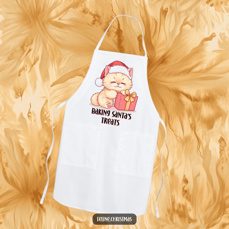 Funny Persian cat Santa apron, a cute cat in a Santa hat kneading a present, bringing festive cheer to the kitchen.