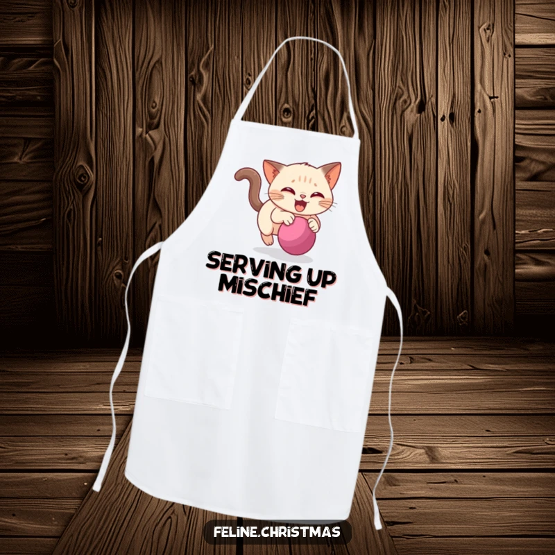 Funny Siamese cat apron featuring a cat playfully chasing a bauble, ideal for adding humor to cooking and baking adventures.