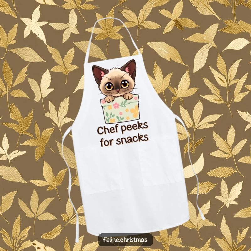 Funny apron featuring a Siamese cat peeking out of a decorated gift box with wide eyes, perfect for a playful holiday cook.