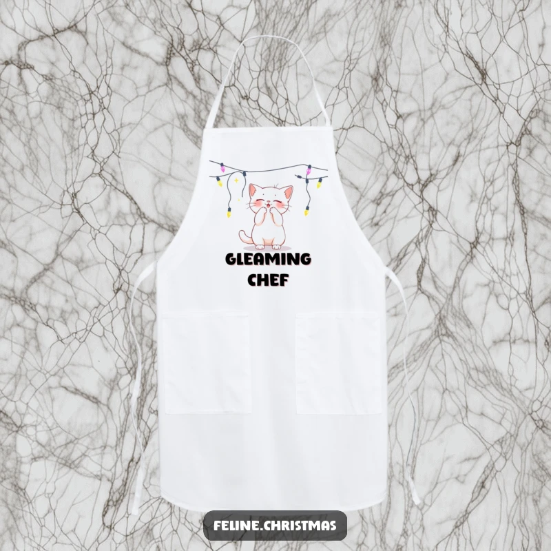 Funny white cat batting at a dangling string of lights, a humorous apron for holiday cooking.