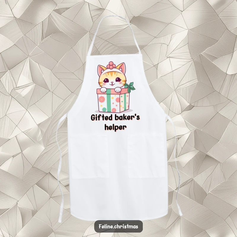Funny kawaii cat peeking out from a decorated gift box, on a functional and humorous apron.