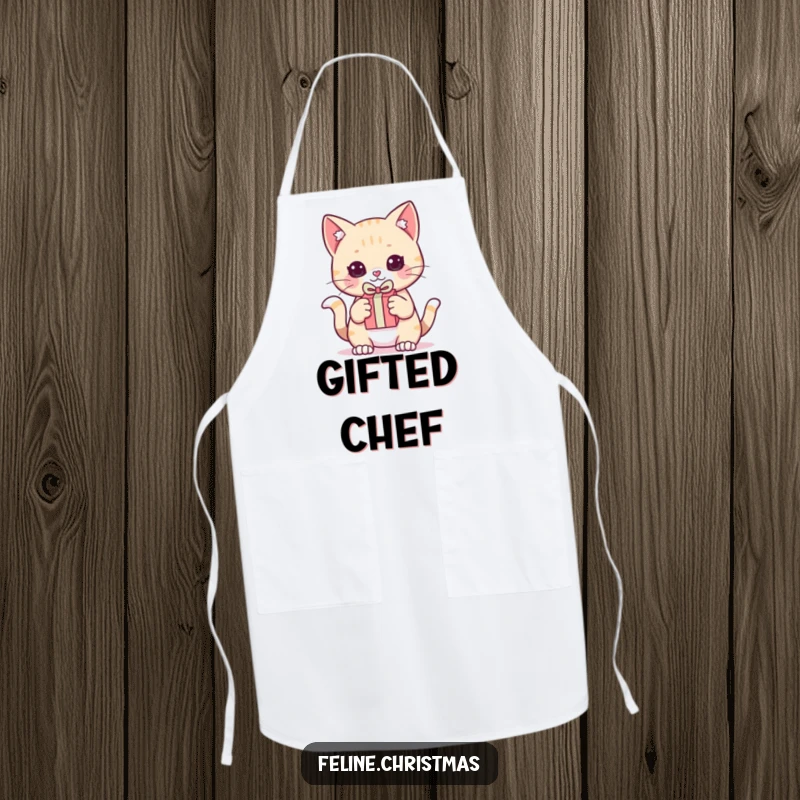 Funny Apron: Kawaii cat holding a tiny gift, looking ready to pounce with playful determination, perfect for a kitchen surprise.