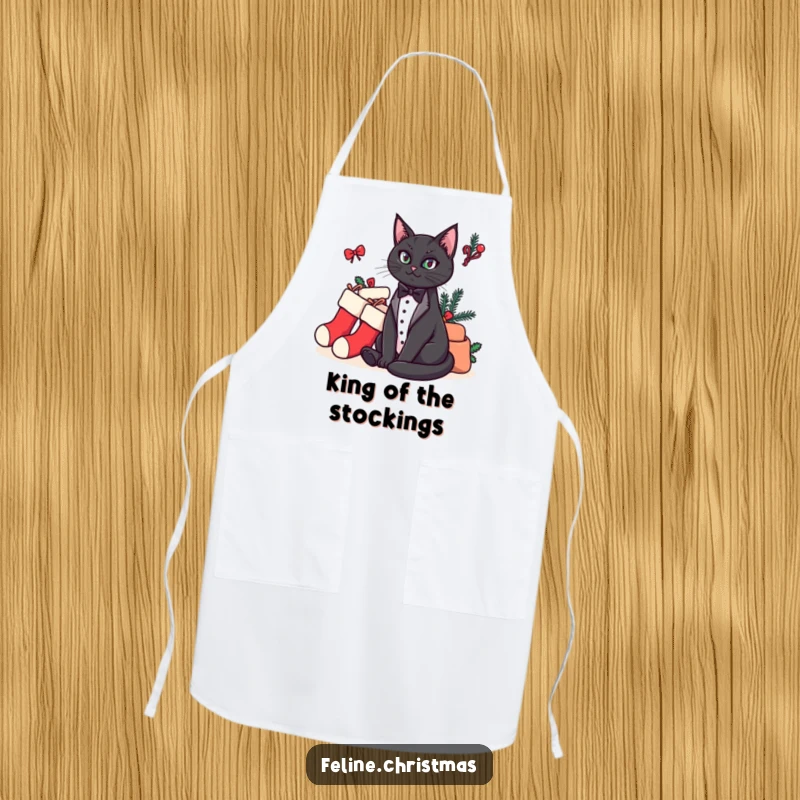 Funny apron showing a distinguished tuxedo cat sitting beside a pile of holiday stockings, ready for a humorous culinary adventure.