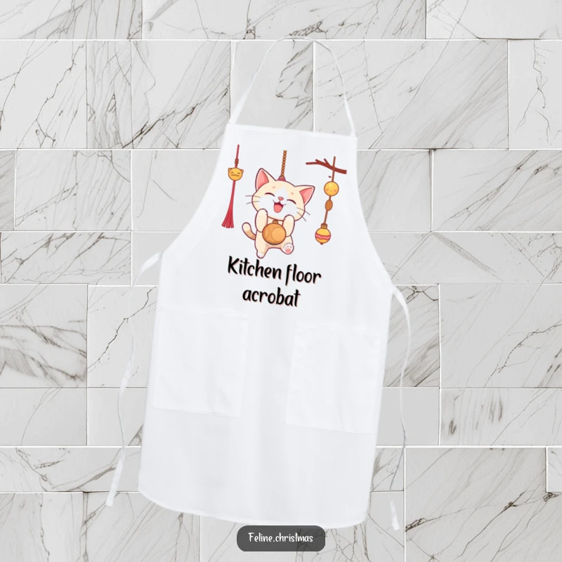 Funny Christmas apron with a cat gleefully pouncing on a dangling ornament, perfect for holiday baking and kitchen fun.