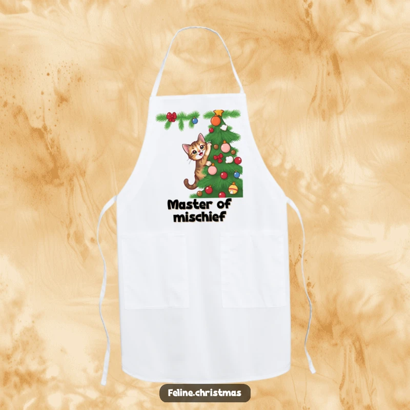 Funny tabby cat with playful intent climbing a Christmas tree, featured on a humorous and functional chef's apron.