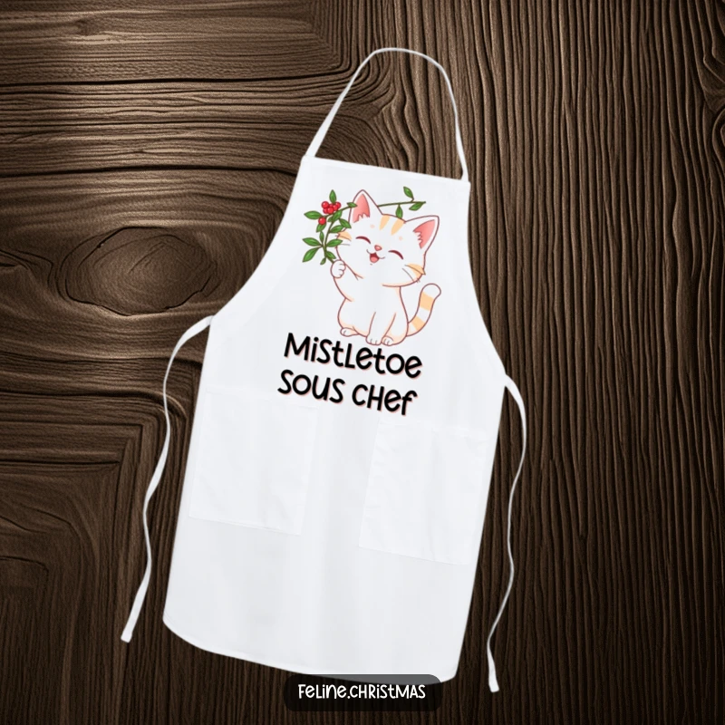 Funny cat with a happy smile, playfully reaching for a sprig of mistletoe, printed on a comfortable and humorous kitchen apron.