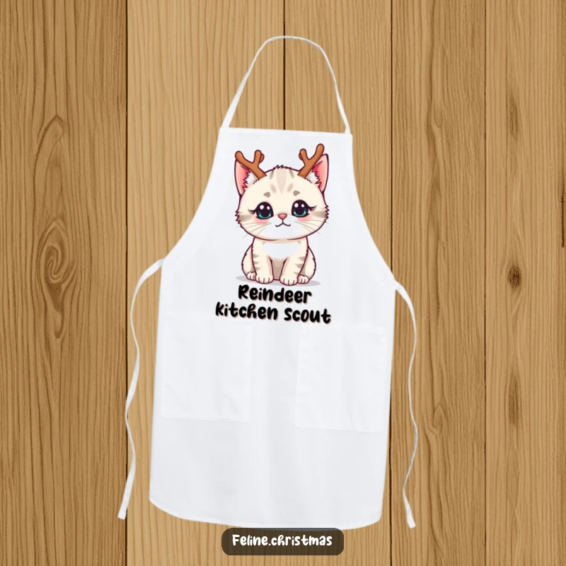 Funny kawaii cat wearing tiny reindeer antlers with a curious expression, on a functional and humorous apron.