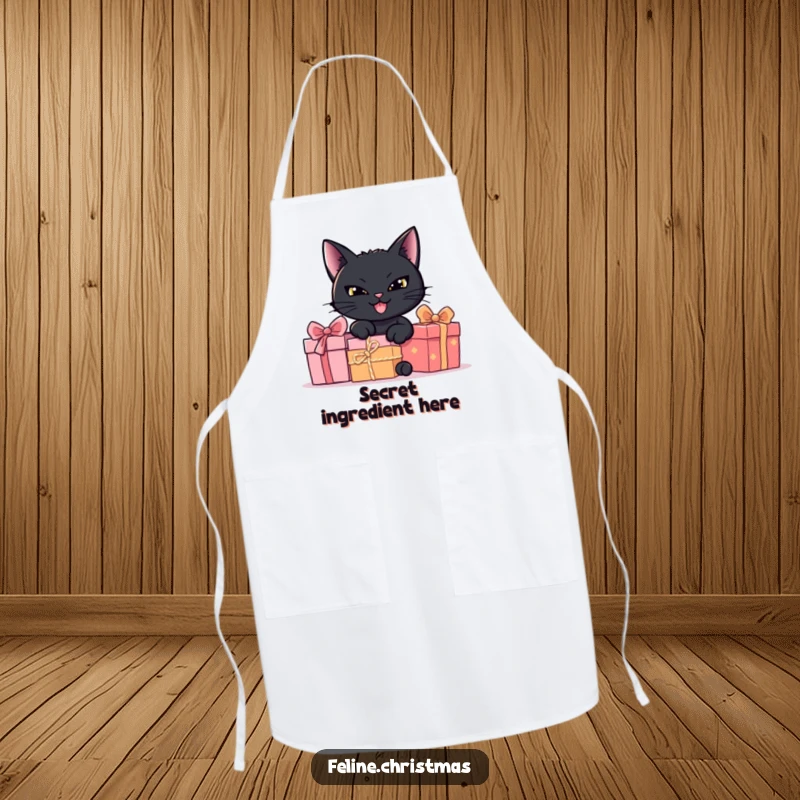 Funny black cat with a mischievous grin hiding behind presents, a humorous apron for kitchen fun.