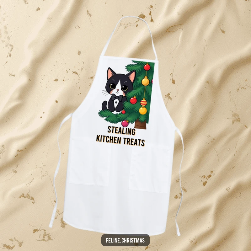 Funny tuxedo cat Christmas apron, a cute cat peeking from behind a tree, bringing festive cheer and fun to cooking.