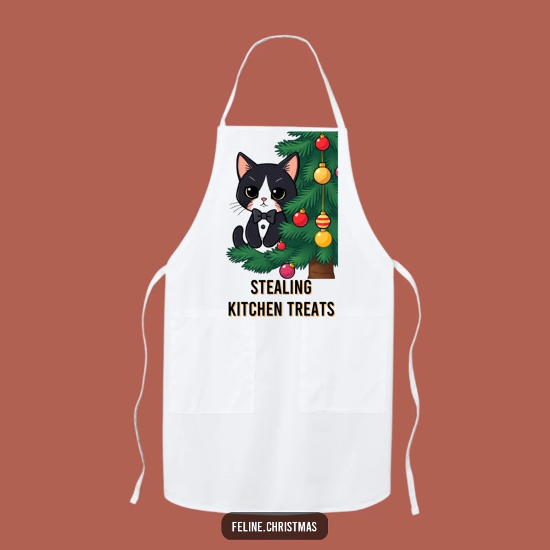 Funny Tuxedo Cat Christmas Apron: Hidden Kitty Behind Tree, Chef's Holiday Gift