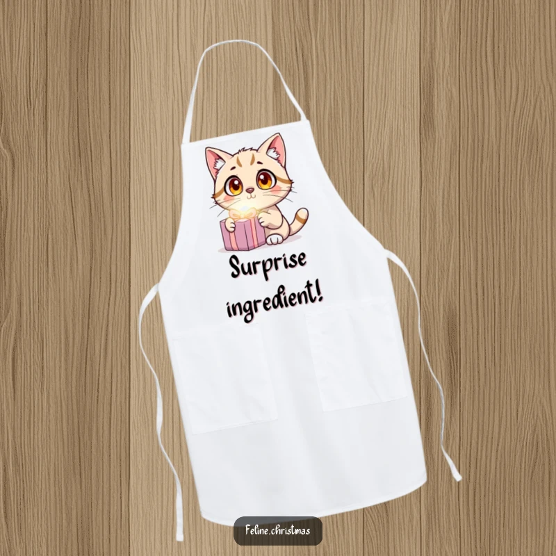 Funny Cat Surprise Apron showing a wide-eyed cat surprised by a glowing present, a humorous kitchen accessory.