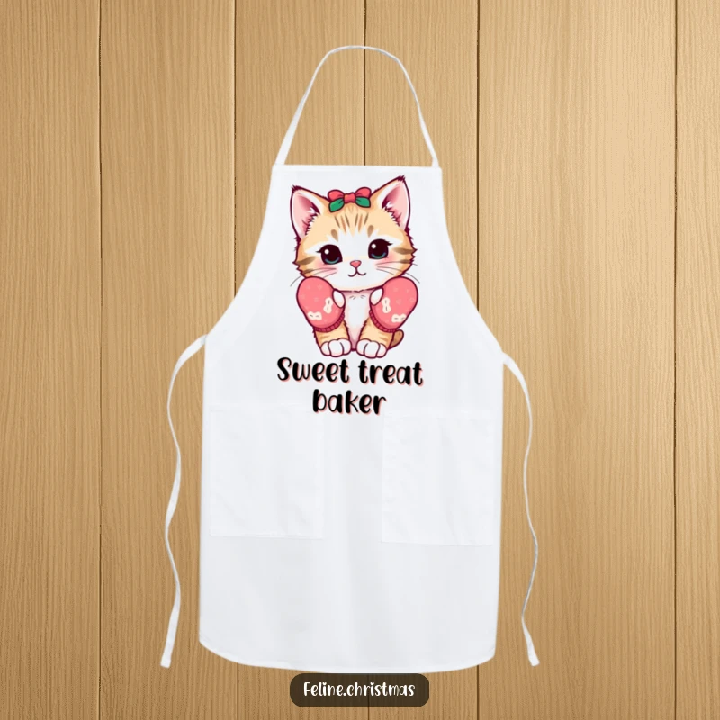 Funny kawaii apron with a kitten wearing festive mittens, looking curious, perfect for cooking and adding cute flair.