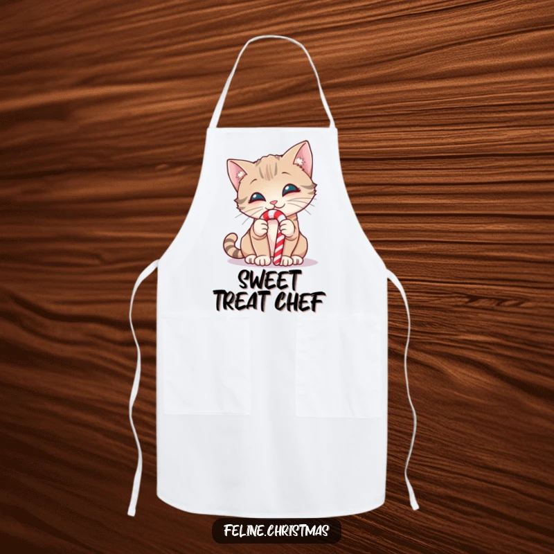 Funny apron with a smiling cat curiously sniffing a candy cane, adding holiday charm to cooking.