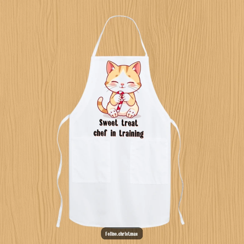 Funny cat apron featuring a playful kitten holding a candy cane, ideal for cooking with holiday cheer.