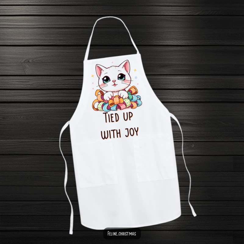 Funny apron featuring a kawaii cat with big, curious eyes, peeking from festive ribbon, adding charm to your kitchen tasks.
