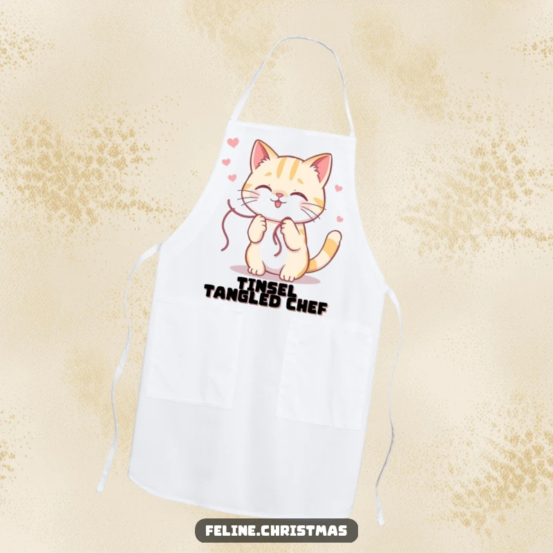 Funny kawaii cat character playfully wrestling with a festive string of tinsel, printed on a practical and humorous kitchen apron.