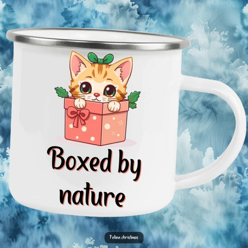 Funny cat camping mug: enamel mug featuring a curious kitten peeking from a festive Christmas gift box, ideal for outdoor fun.