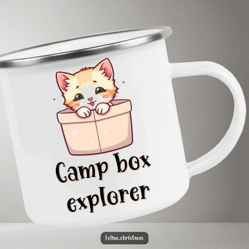 Funny Camping Mug: A kitten nestled in a gift box, perfect for sipping drinks in cozy outdoor settings.