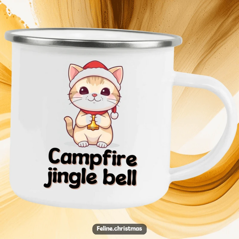 Funny kawaii cat wearing a Santa hat and holding a tiny bell, on a durable camping mug.